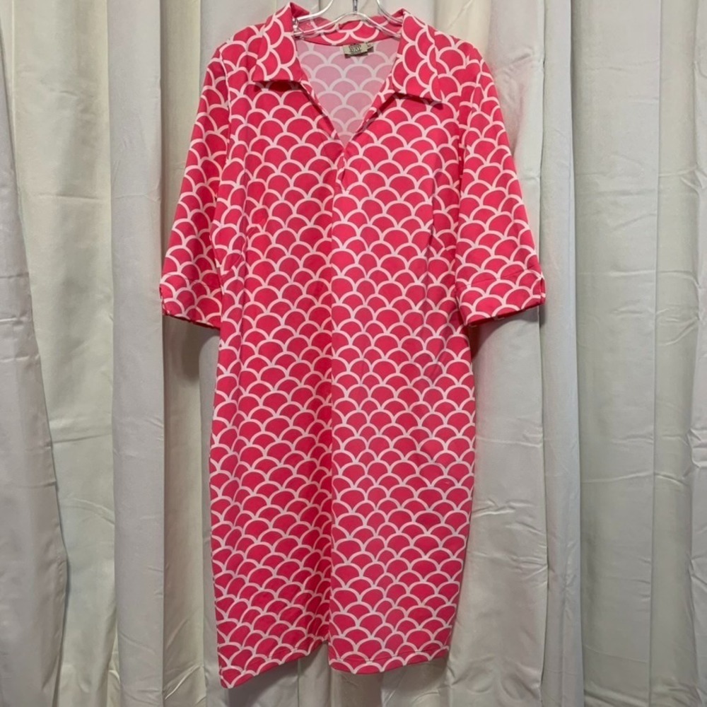 Katherine‎ Way Nola Midi Dress Pink White Scallop Print 3/4 Sleeve Size XL